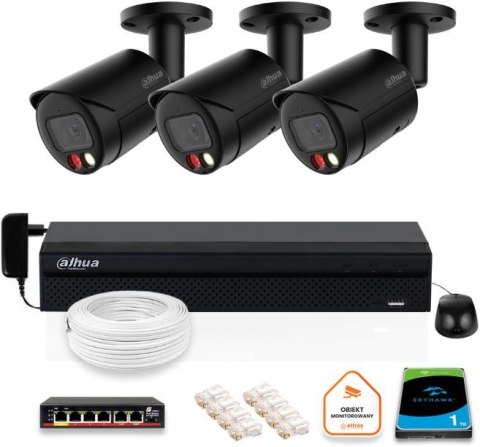 Zestaw monitoringu IP DAHUA 3 kamery tubowe zewnętrzne czarne 8MPX