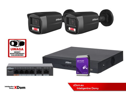 Zestaw monitoringu 2 kamery 4MPx Dahua IPC-HFW1439TL1-A-IL-BLACK + Rejestrator + Dysk + Switch PoE