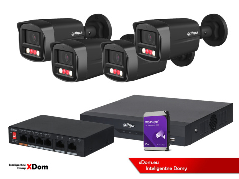 Zestaw monitoringu 4 kamery 4MPx Dahua IPC-HFW1439TL1-A-IL-BLACK + Rejestrator + Dysk + Switch PoE