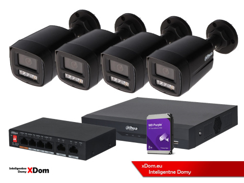 Zestaw monitoringu 4 kamery 4MPx Dahua IPC-HFW1439TL1-A-IL-BLACK + Rejestrator + Dysk + Switch PoE