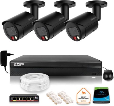 Zestaw monitoringu IP Dahua 4MPx 2K 3 kamery czarne zewnętrzne z dyskiem