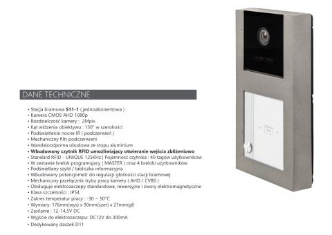 Zestaw wideodomofonowy Vidos czytnik RFID S11-1 monitor M11W-X