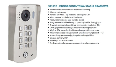Zestaw Wideodomofon Vidos z szyfratorem S1311D monitor M1021W2