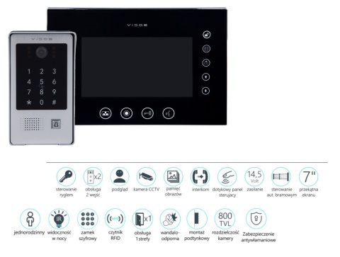 Wideodomofon Vidos z szyfratorem i czytnikiem RFID S20DA i monitorem M670BS2