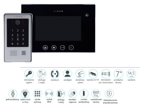 Wideodomofon Vidos z szyfratorem i czytnikiem RFID S20DA i monitorem M670B