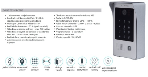 Wideodomofon Vidos z szyfratorem i czytnikiem RFID S20DA i monitorem M670WS2