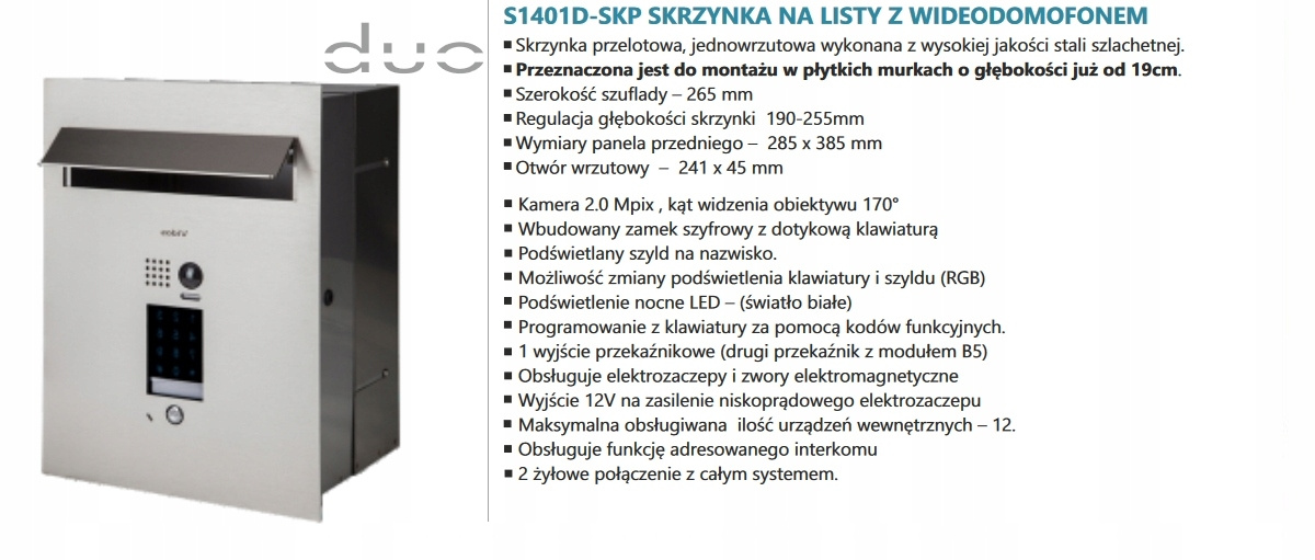 Zestaw wideodomofonu z szyfratorem Vidos S1401D-SKP_M1021W Skrzynka na listy z wideodomofonem Monitor biały 7''